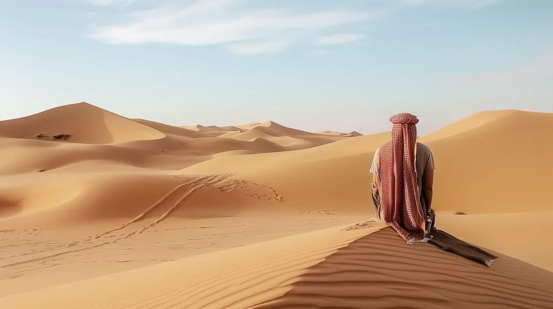 A man standing on top of a sand dune in the desert.